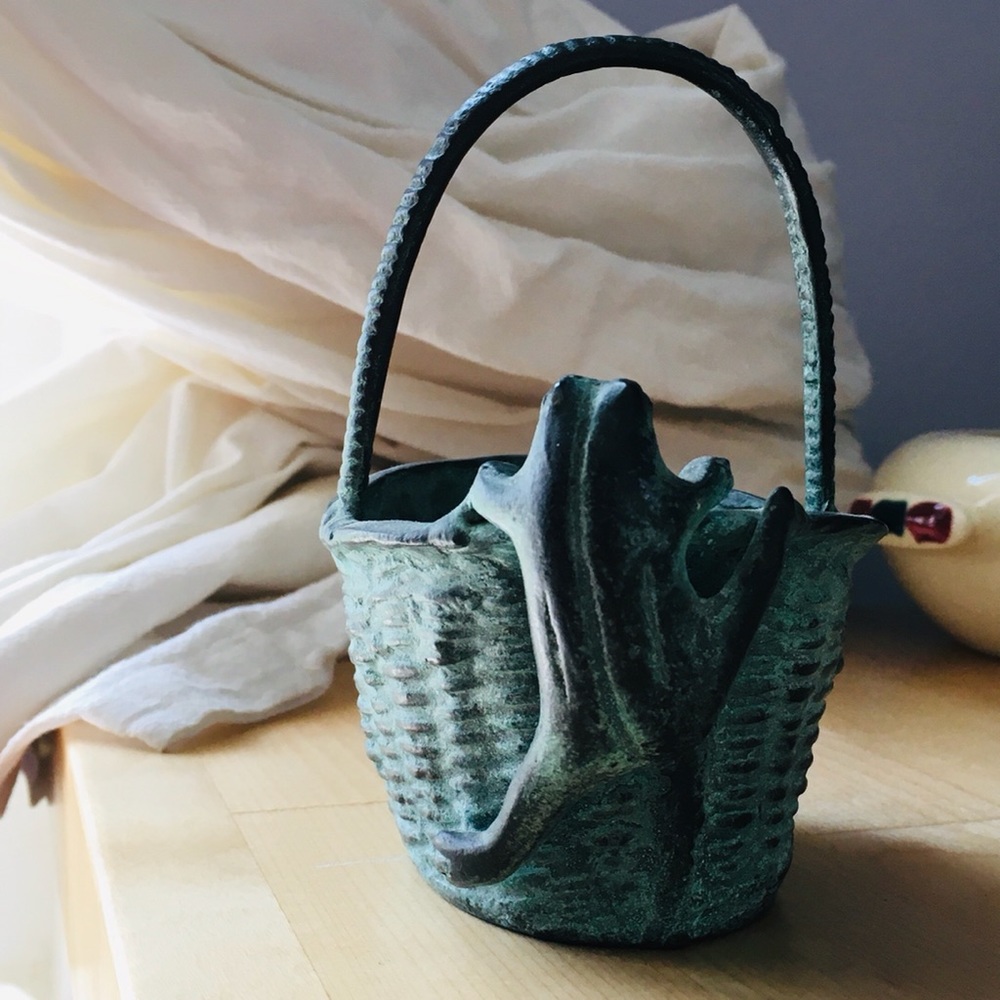 Bronze Basket with Climbing Frog
